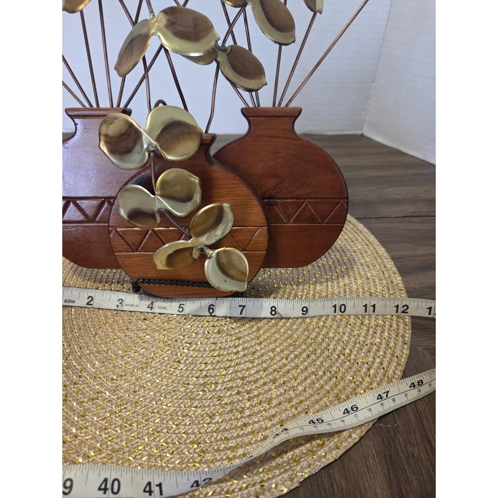 Vintage HOMCO Retro Brass Eucalyptus Leaves Sculpture Hopi Wood Planter - Picture 9 of 9